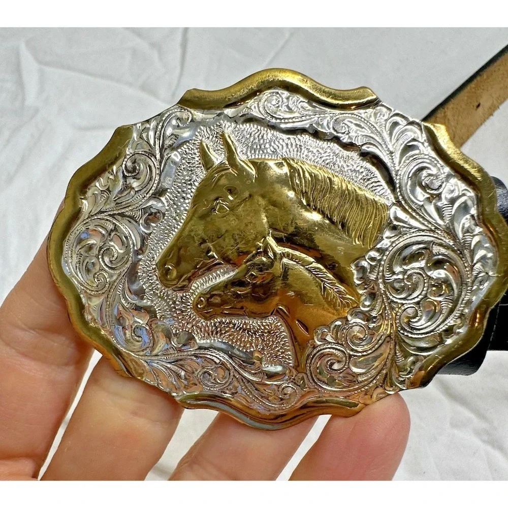 Crumrine Silver Plate Buckle Horse‎ Mare Foal Two Tone Western Belt Black 26